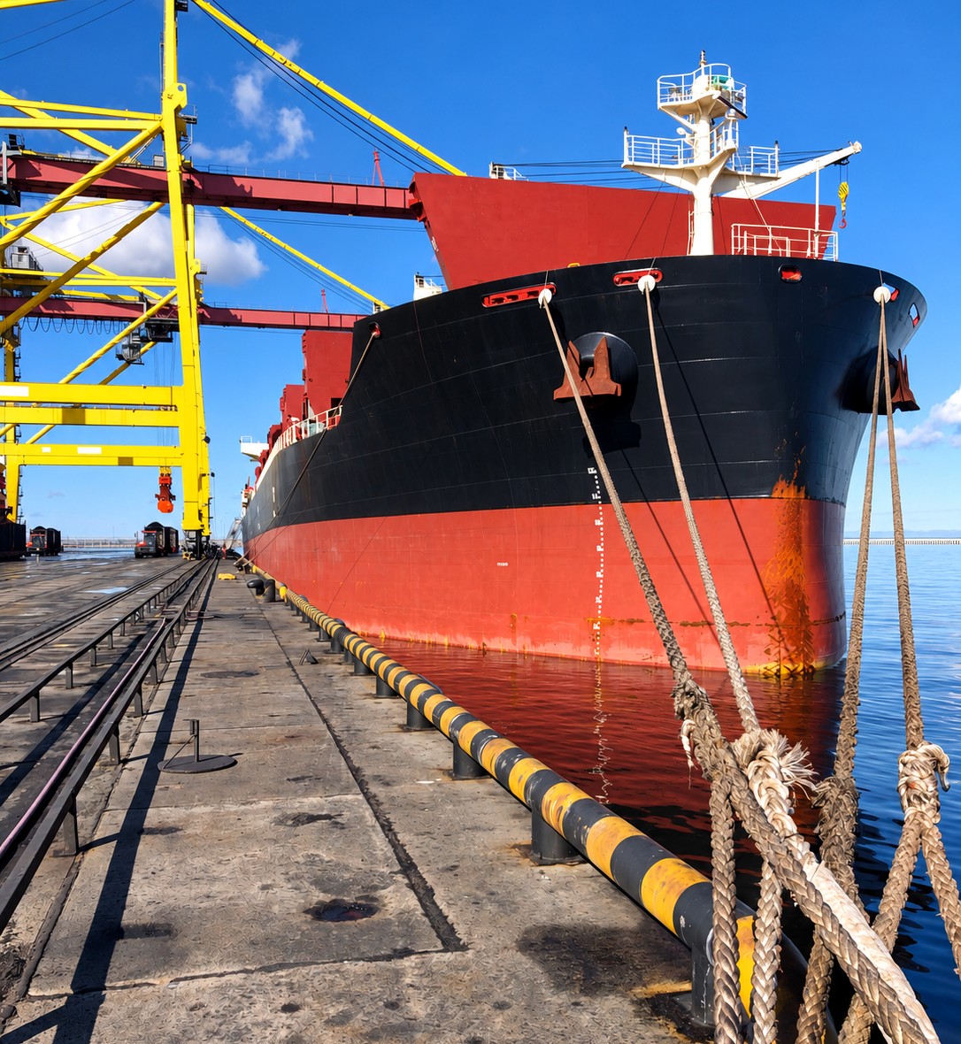 Bulk carriers alongside an industrial port